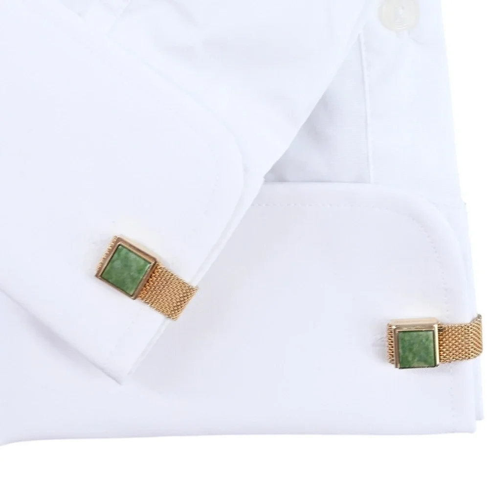 Vintage Gold Mesh Wrap Cufflinks Faux Jade Square Excellent Retro 70s Luxe